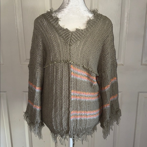 Three Bird Nest Rumi Distressed Fringe V Neck Sweater - Picture 3 of 5